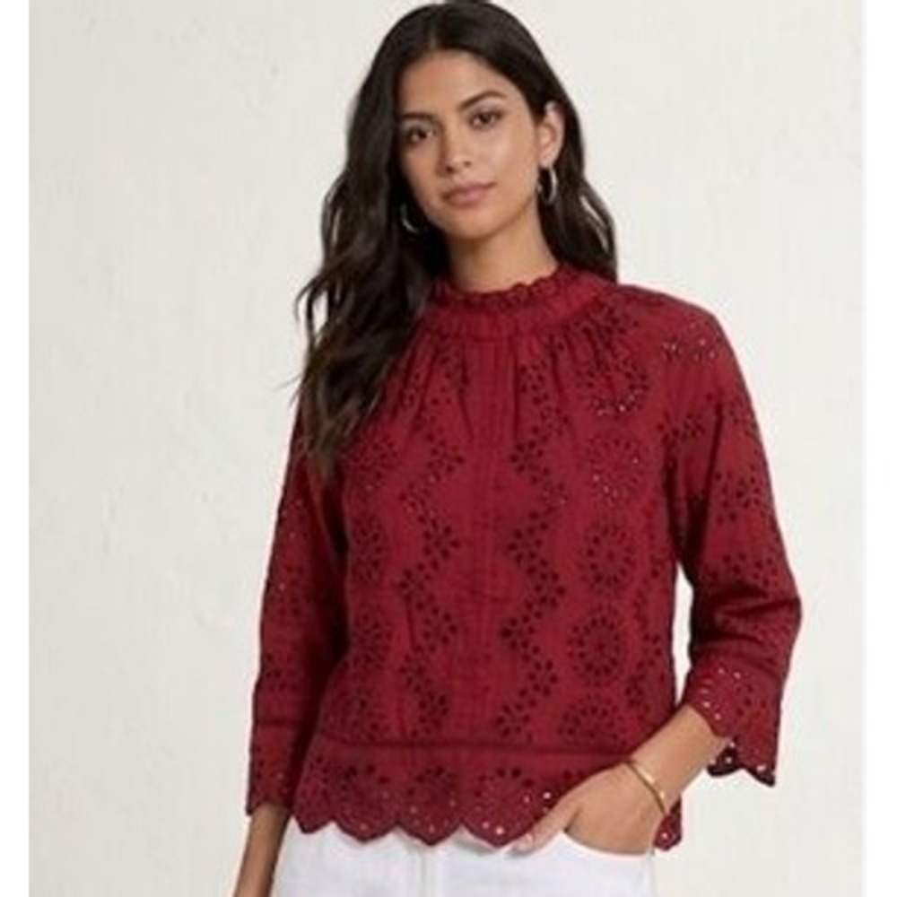Jennifer & Grace Burgundy Cotton Eyelet Ruffle Mock Neck Button Back Blouse L